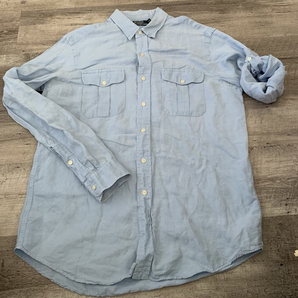 Vintage Polo Ralph Lauren Silk Linen Button Up Utility Shirt Mens Large 90s